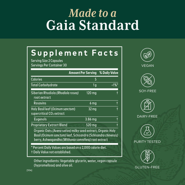 Gaia PRO Daytime HPA - Adaptogen & Nervine Supplement for  & Adrenal Health Support - Ashwagan, Organic Holy Basil, Oats, Rhodiola & Schisandra - 60 Vegan Liquid Phyto-Capsules (30 Servings)