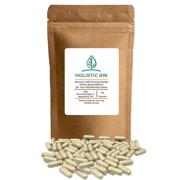 Holistic Bin American Ginseng Capsules Made with Pure Wild Harvested Appalachian Ginseng Root (Panax Quinquefolius) | No Fillers or Additives