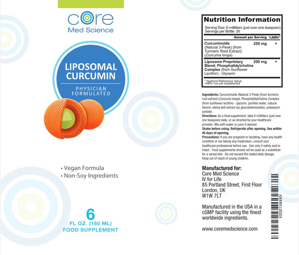 IV for Life Liposomal Curcumin by Core Med Science - 250mg - 6 Fl Oz Liquid - High Absorption Curcumin Supplement