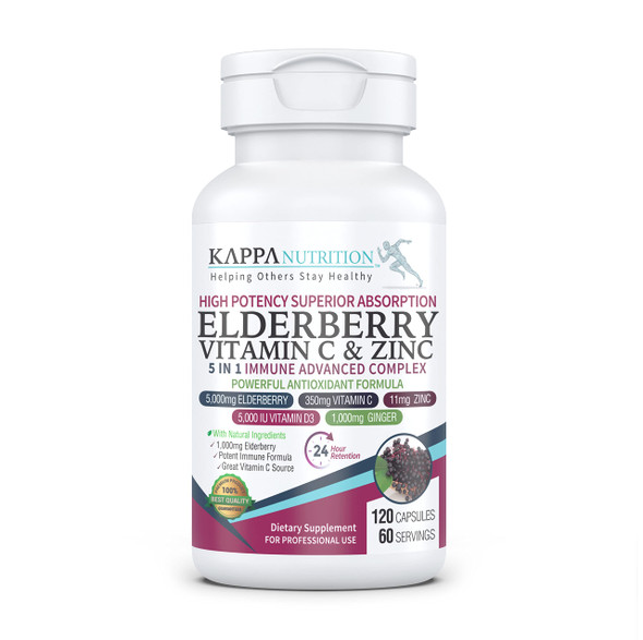 KAPPA NUTRITION Sambucus Elderberry with Vitamin C, Zinc, Vitamin D3 5000 IU & Ginger (120 Capsules) - Antioxidant & Immune Support Supplement, 2 Month Supply - 5 in 1 Black Elderberry for