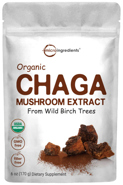 Micro Ingredients Sustainably Maine Grown, Wild Harvest Organic Chaga Mushroom Extract 100:1 Powder, Chaga Tea, 6 Ounce, Superfood for Beverage and Smoothie, Vegan Friendly