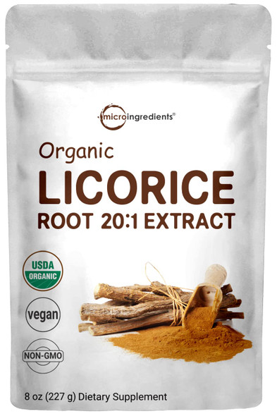 Organic Licorice Root Extract 20:1 Powder, 8 Ounce (1 Year Supply), Pure Licorice Tea Powder, Positively Helps Soothe Cough, Sore Throat, Clear and Comfortable Breathing, No GMOs and Vegan Friendly