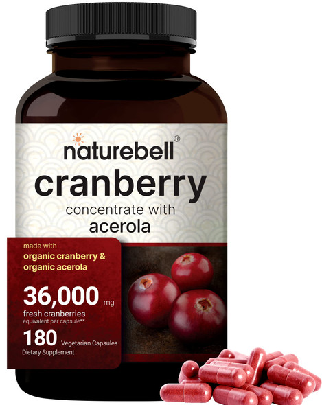 Double Strength Cranberry Pills, 36000mg Fresh Cranberries Equivalent, Made with Organic Wild Cranberry Extract Plus Acerola 25mg, 180 Vegan Capsules, Support Urinary Tract Health,  Free