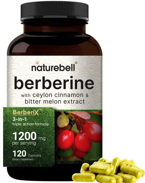 NatureBell Berberine  1200mg | 120 Capsules - with True Ceylon Cinnamon & Bitter Melon, 97% Purity | , Wild Harvest - High Bioavailable Berberine Supplement
