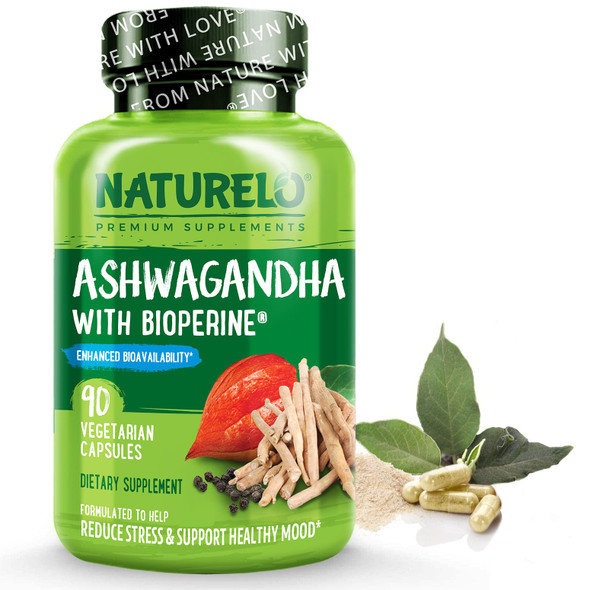 NATURELO Ashwagan Organic Root Powder -  Herbs Supplement for Fatigue,  Relief, Mood Enhancer - with Black  Extract - 90 Vegan Capsules