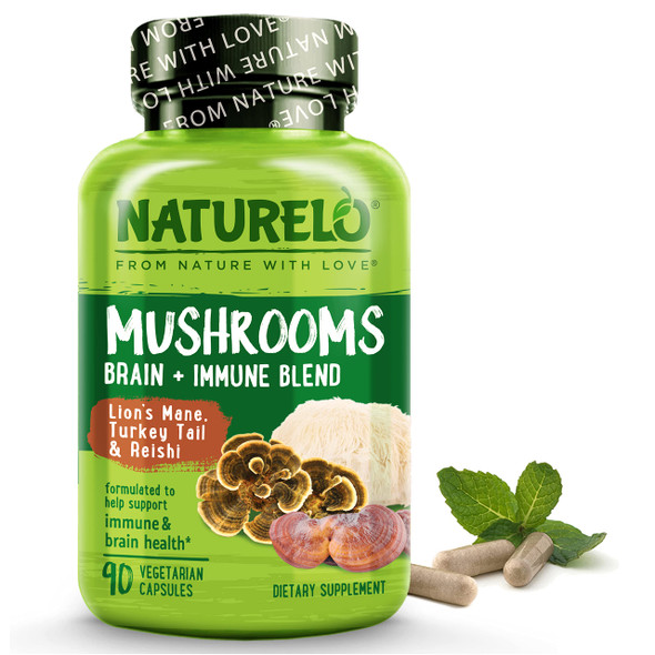 NATURELO Mushroom Supplement  Brain & Immune Health Blend with Lions Mane, Reishi, Turkey Tail  90 Vegan Friendly Capsules