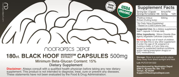 Black Hoof Mushroom Capsules | 500mg | 180 Count | Phellinus linteus