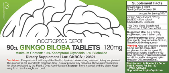 Ginkgo Biloba Extract Tablets | 120mg | 90 Count | Minimum 10% Kaempferol Glycoside + 2% Bilobalide | May Help Promote Cognitive & Cardiovascular Function