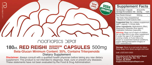 Red Reishi Mushroom Capsules | 500mg | 180 Count | Ganoderma lucidum | Organic  ing Body Mushroom Extract | Supports a Healthy Immune System