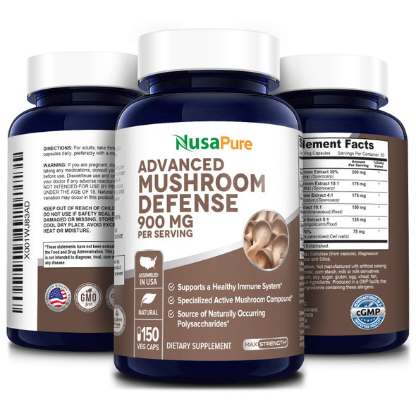 NusaPure Advanced Mushroom Defense 900mg 150 Veggie Caps (Non-GMO & ) Reishi, Maitake, Shiitake, Astragalus, Dandelion & Beta Glucan