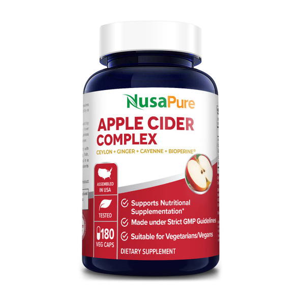 NusaPure Apple Cider Vinegar Complex - 180 Veggie Caps - Organic ACV and Ceylon Cinnamon, Organic Ginger, Bioperine & Organic Cayenne