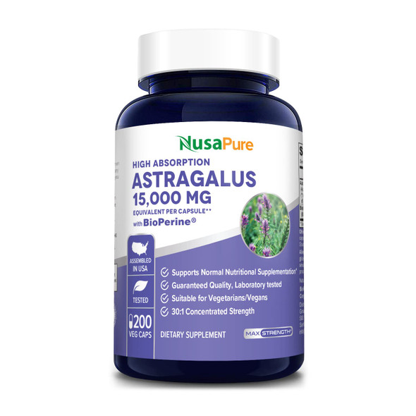 NusaPure Astragalus 15,000 mg Per Caps 200 Veggie Capsules (Vegetarian, Non-GMO & Gluten-Free) Max Strength