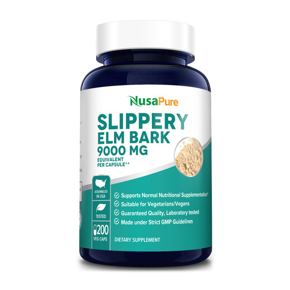 NusaPure Slippery Elm Bark Extract 9000 mg 200 Veggie Capsules (Extract 20:1, Non-GMO & )