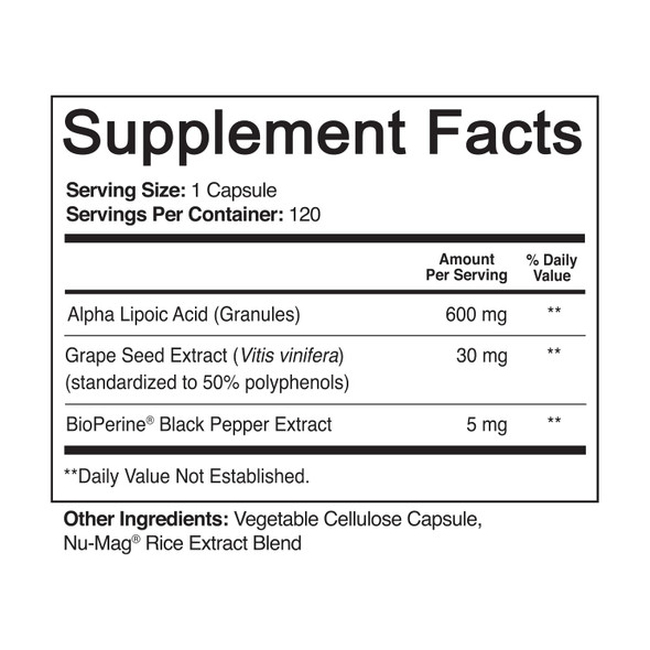 NutriFlair Alpha Lipoic , 120 Capsules - with Grape Seed Extract and BioPerine Black  Extract