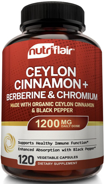 NutriFlair Ceylon Cinnamon, Berberine , Chromium, Black  Extract (Made with True Ceylon Cinnamon) - 1200mg , 120 Capsules - Lipid Levels, Antioxidant