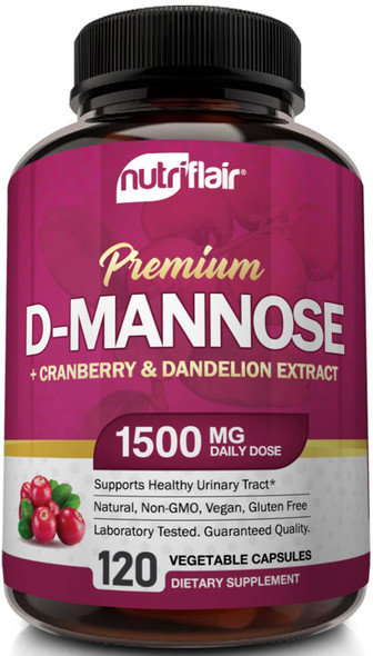 NutriFlair D-Mannose 1200mg, 120 Capsules - with Cranberry and Dandelion Extract -  Urinary Tract Health UTI Support - Best D Mannose Powder - Flush Impurities, Detox Body, for Women and Men