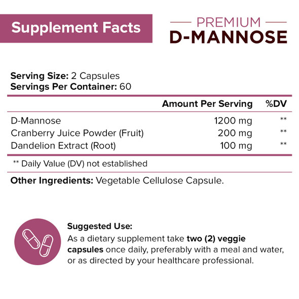 NutriFlair D-Mannose 1200mg, 120 Capsules - with Cranberry and Dandelion Extract -  Urinary Tract Health UTI Support - Best D Mannose Powder - Flush Impurities, Detox Body, for Women and Men
