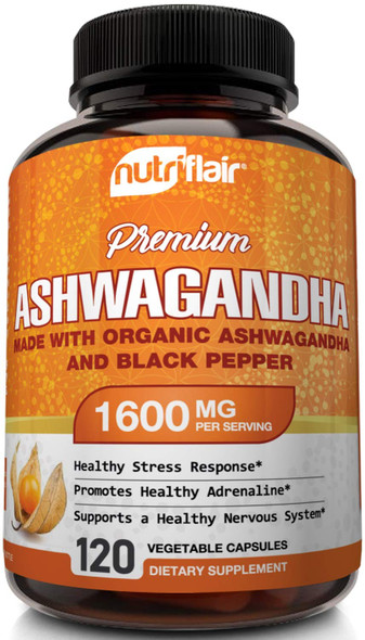 NutriFlair Organic Ashwagan Capsules 1600mg with Black , 120 Vegan Pills - Powerful Root Powder Supplement