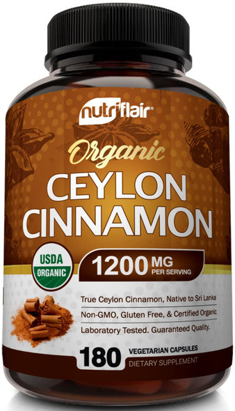 NutriFlair Organic Ceylon Cinnamon Supplement 1200mg (180 Count (Pack of 1))