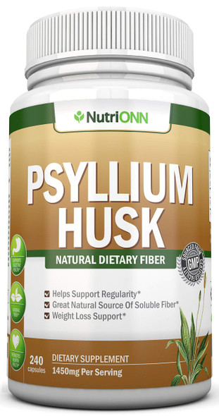 NutriONN PSYLLIUM Husk Capsules - 1450mg  - 240 Capsules - Premium Psyllium Fiber Supplement - Great for Digestion and Regularity - 100%  Soluble Fiber