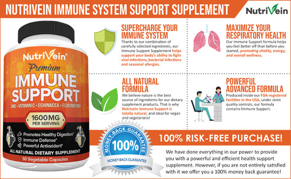 Nutrivein Immune Support - Boost Your Immune System with Elderberry, Zinc, Vitamin C, Garlic & Echinacea Prebiotics - 1600MG Daily Dose - Supports Healthy Lifestyle and  Relief - 60 Capsules