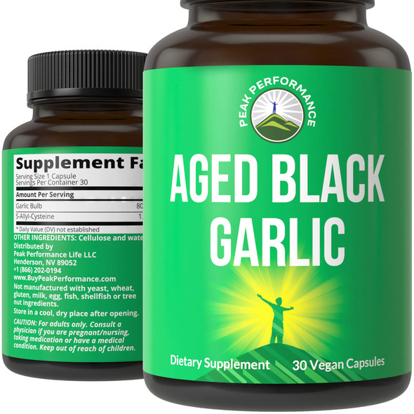 Peak Performance Aged Black Garlic Capsules. Raw Vegan Pure Odorless Extract Supplement Pills for Cholesterol, and Immune Support. from Garlic Bulb with S-Allyl Cysteine and Antioxidants