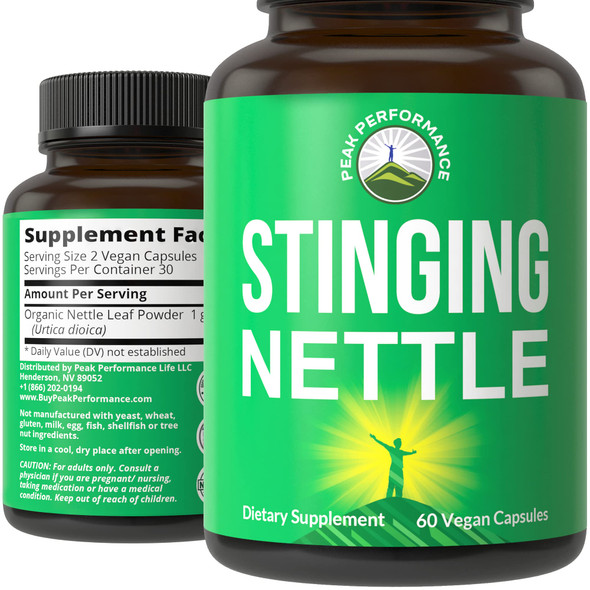 Stinging Nettle Vegan Capsules Made with Stinging Nettle Leaf Powder for Prostate, Hair Growth, Allergy. Better Than Root Extract. Plant Based Herb Supplement Tablets, 60 Pills