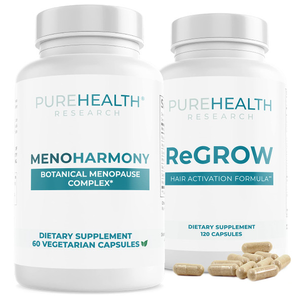 PUREHEALTH RESEARCH MenoHarmony Supplement & ReGrow Hair Activation Formula Bundle - Supplement for Women Hormone Harmony and Hair Growth Vitamins with Biotin and Saw Palmetto