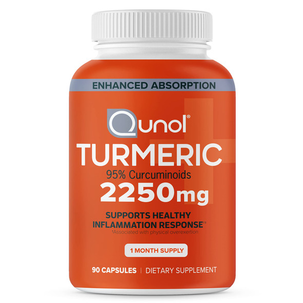 Turmeric Curcumin with Black , Qunol 2250mg Turmeric Extract with 95% Curcuminoids, Extra Strength Supplement, Enhanced Absorption, Supports Healthy Inflammation Response, 90 Vegetarian Capsules