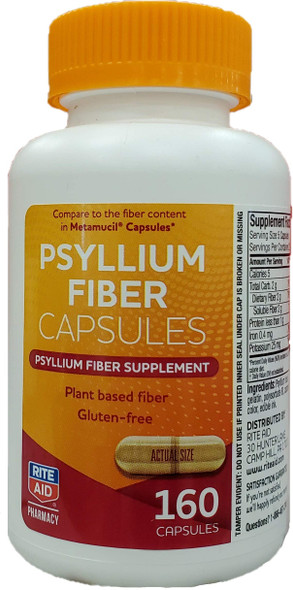 Rite Aid Psyllium Fiber Capsules, Psyllium Fiber Supplement, 160 Count | Constipation Relief | 100%  Psyllium Husk Fiber | Helps Restore Regularity | Promotes Heart & Digestive Health