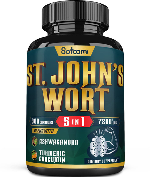 4in1 St. John's Wort Extract Capsules - Equivalent to 7200mg - Combined Ashwagan, Turmeric & Black  - Joyful Mood, Sleep & Energy Support - 360 Vegan Caps for 6 Months - Non-GMO,