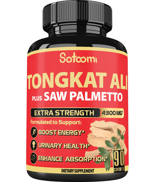 Tongkat Ali Saw Palmetto Blend Supplement - 300:1 Extract for Strength, Energy & Immune Support - 4300 mg with Black  - 90 Vegan Capsules for 3 Months - Non-GMO,