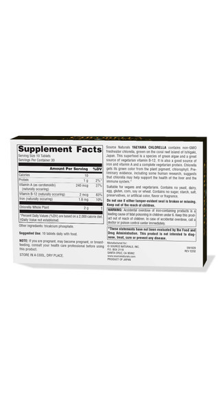 Source s Yaeyama Chlorella Box 200 mg Freshwater Green Superfood, Plant-Based B12 - 300 Tablets