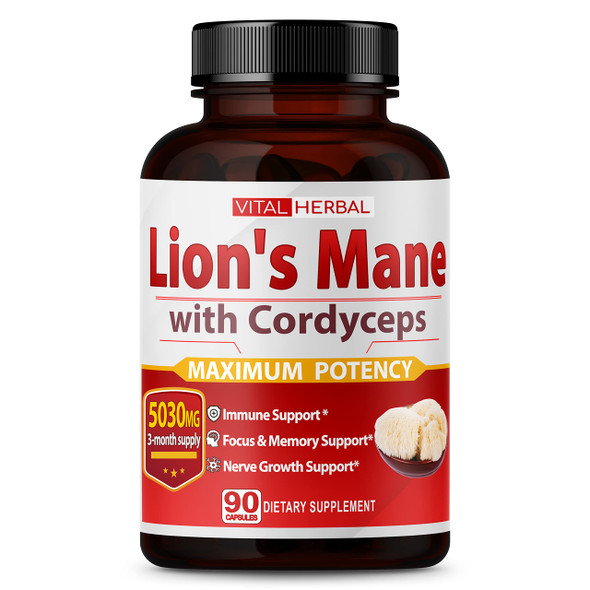 Lions Mane Mushroom with Cordyceps Capsules Equivalent to 5030mg - Maximum Potency with L-Theanine Ashwagan - Brain Mushroom Supplement for Focus Memory Energy Mood Support - 90 Days Supply