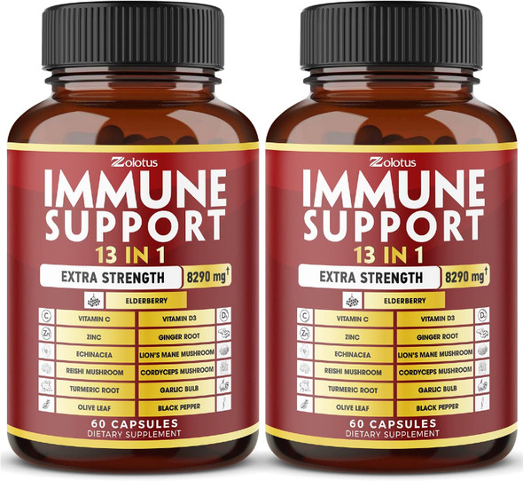 13 in 1 Immune Support Supplement, Equivalent to 8290mg, (2 Packs) 2 Months with Vitamin D3, C, Elderberry, Ginger Root, Turmeric, Echinacea, Lions Mushroom, Immunity Booster, Immune Defense Pills