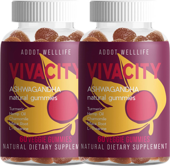 Vivacity - Ashwagandha Vitamin Gummies by Addot WellLife - Hemp Oil, Turmeric, L-theanine, Maca Root, Chamomile Gummy - for Stress, Relax, Calm, Muscle, Energy, Endurance 2 Bottle 120ea