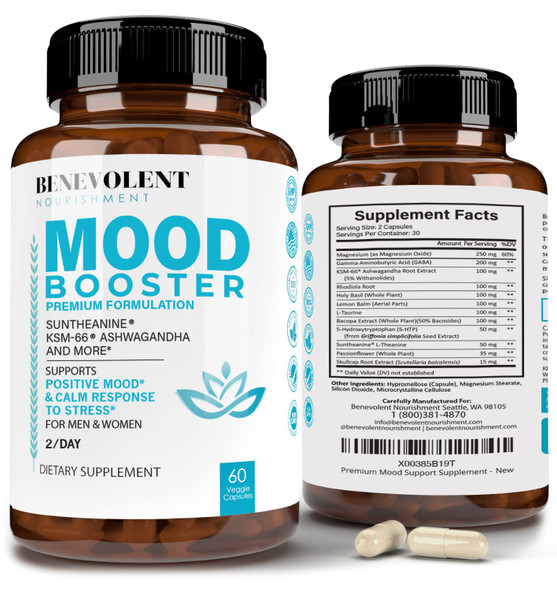 Calm Mood Booster Supplement -  Happy Pills for , Sleep & Mood Support - Patented KSM-66® Ashwagan & Suntheanine® L-Theanine, Rhodiola Rosea, Magnesium & More - 60 Veggie Capsules