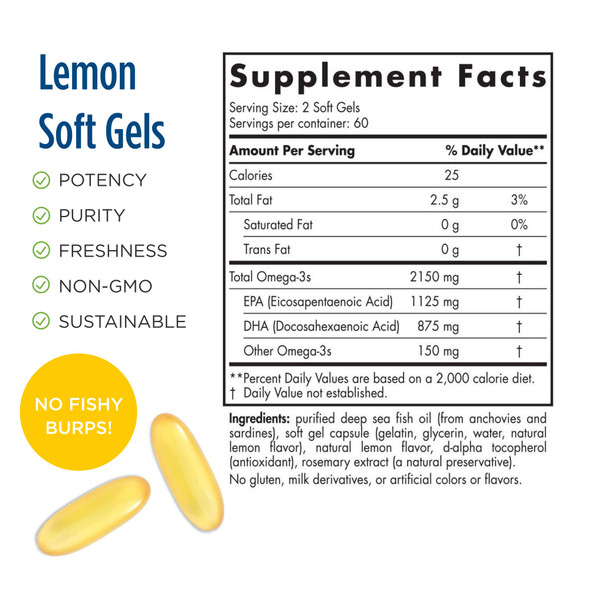 Nordic Naturals ProOmega 2000, Lemon Flavor - 2150 mg Omega-3-120 Soft Gels - Ultra High-Potency Fish Oil - EPA & DHA - Promotes Brain, Eye, Heart, & Immune Health - Non-GMO - 45 Servings