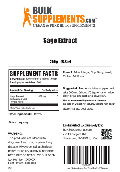 BulkSupplements Sage Extract Powder - Herbal Supplement Powder, Sage Supplement - for Immune Health - 500mg of Sage Extract , Vegan &  (250 Grams - 8.8 oz)