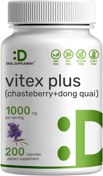 Vitex Supplement for Women - Vitex Chasteberry Supplement 1000mg Plus Dong Quai Capsules, 200 Counts - Supports Hormone Balance for Women, Fertility, PMS Symptoms & Menopause