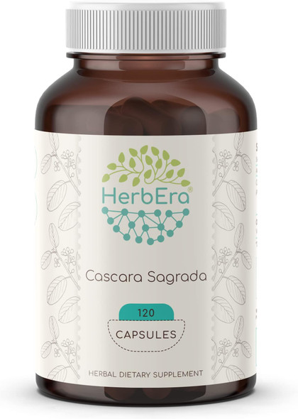 HerbEra Cascara Sagrada 120 Capsules, 500 mg, Responsibly farmed Made with Cascara Sagrada (Frangula purshiana) Dried Bark (120 Capsules)