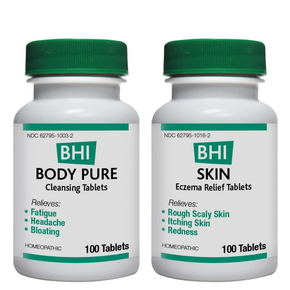 BHI Body Pure Cleansing Support , Safe Homeopathic Relief - 100ct and BHI Skin,  Eczema Relief, Homeopathic Treatment for Dry Itchy Skin and Redness - 100ct Bundle