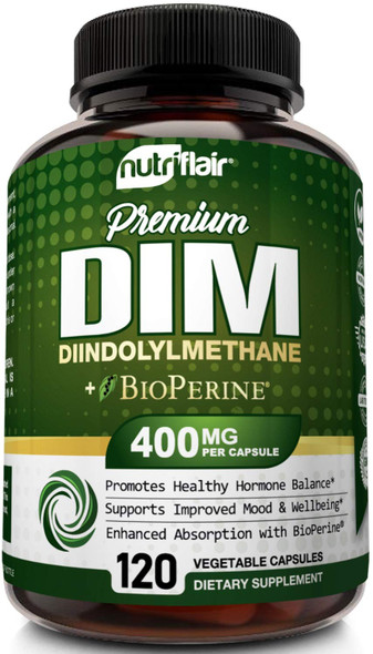 NutriFlair DIM Supplement 400mg with Bioperine, 120 Capsules - Diindolylmethane - Estrogen Metabolism Support & Hormone Balance, Menopause, PCOS, Acne and Skin Care for Men & Women - Compare to 300mg
