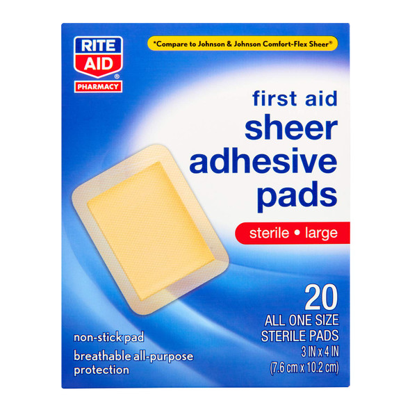 Rite Aid Sheer Adhesive Bandages with  Non Stick Pad, 3" x 4" - 20 Count | Wound Care Supplies | Bandage Wrap | First Aid Supplies | Medical Tape for Skin Bandages | Bandage Wrap
