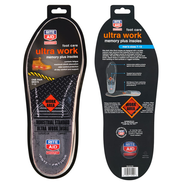 Rite Aid Ultra Work Memory Plus Work Insoles for Men - Sizes 7-13 | Shock Absorbing Insoles | Memory Foam Insoles | Arch Support Insole Men | Boot Insoles for Men Work | Memory Foam Insoles