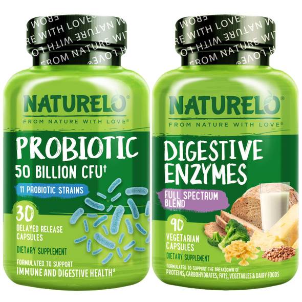 NATURELO Probiotic Supplement and Digestive Enzymes Support Supplement Bundle - 120 Vegan Capsules