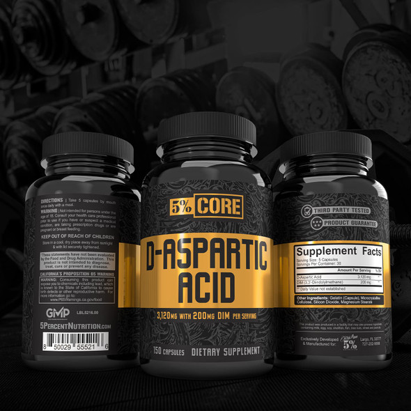 5% Nutrition Core D-Aspartic  Supplement (DAA) with  Diindolylmethane (DIM) | Testosterone and Estrogen Regulation Support for Men | 30 Servings / 150 Capsules