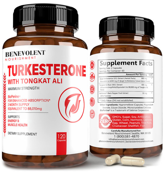 Turkesterone 8,000mg + Tongkat ali 80,000mg + BioPerine® [Maximum Strength] - Supports Energy, Performance, Drive, Strength, Muscle Health & Recovery - 120 Non-GMO Vegan Capsules