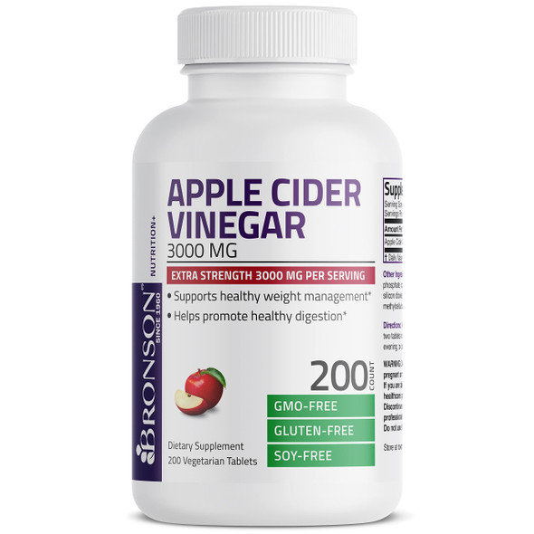 Bronson Apple Cider Vinegar 3000 MG  Extra Strength - Non-GMO, 200 Vegetarian Tablets