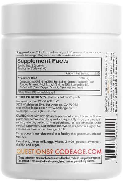Codeage Forskolin, Pure Forskolin Coleus + Organic Turmeric Root Powder, 95% Curcuminoids + Bioperine Black  for Absorption - 20% Standardized Coleus Forskohlii, Non-GMO, 90 Capsules